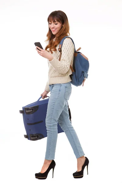 Full Body Travel Woman Walking Bags Looking Mobile Phone — Stock Photo, Image