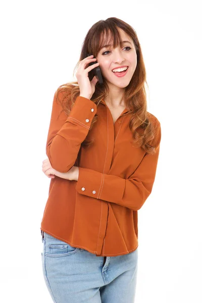 Portrait Young Woman Talking Cellphone Isolated White Background — Stock Photo, Image