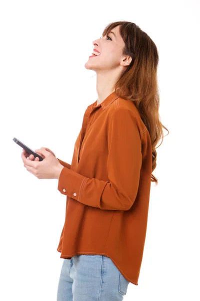 Kant Portret Van Jonge Vrouw Houden Van Mobiele Telefoon Lachen — Stockfoto