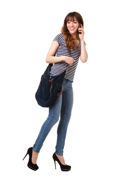 Full Length Portrait Young Woman Walking White Background Mobile Phone — Stock Photo, Image