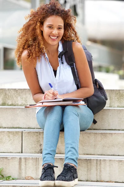 Portrait Happy Young Woman Sitting Steps Bag Book — Stock Photo, Image