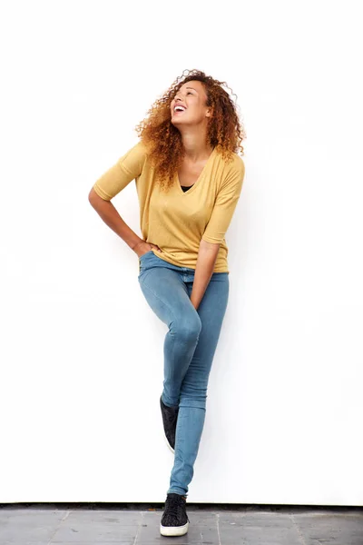 Full Body Portrait Young Woman Laughing White Wall — Stock Photo, Image