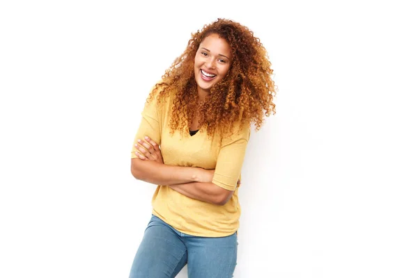 Portrait Belle Jeune Femme Aux Cheveux Bouclés Riant Avec Les — Photo