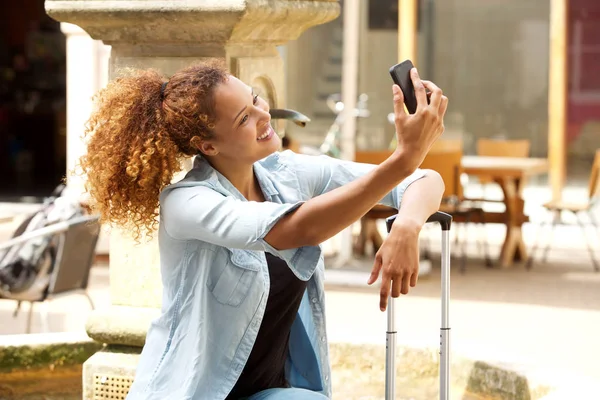 Portrait Happy Young Woman Taking Selfie City — Stok Foto