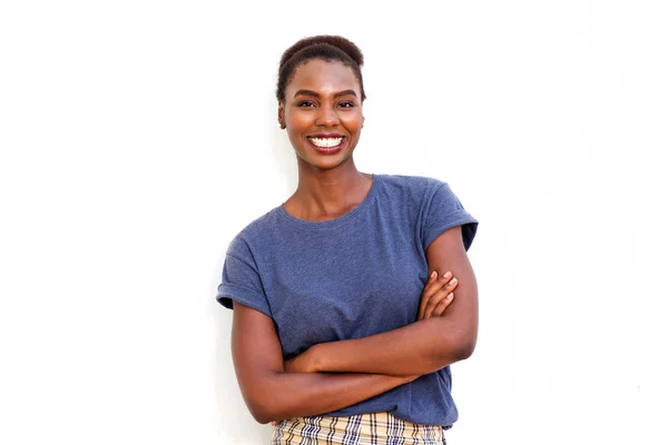 Retrato Una Hermosa Joven Afroamericana Sonriendo Sobre Fondo Blanco Aislado — Foto de Stock