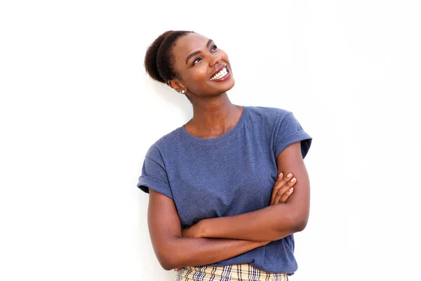 Retrato Una Hermosa Joven Afroamericana Sonriendo Sobre Fondo Blanco Aislado — Foto de Stock