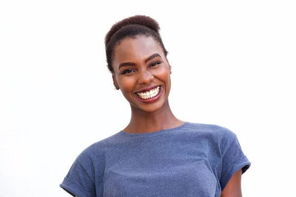 Retrato Cerca Joven Mujer Africana Feliz Sonriendo Sobre Fondo Blanco — Foto de Stock