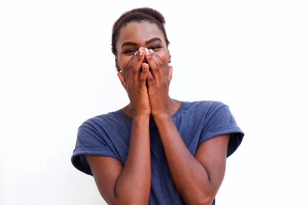 Front Portrait Young African Woman Laughing Hands Mouth — Stock Photo, Image