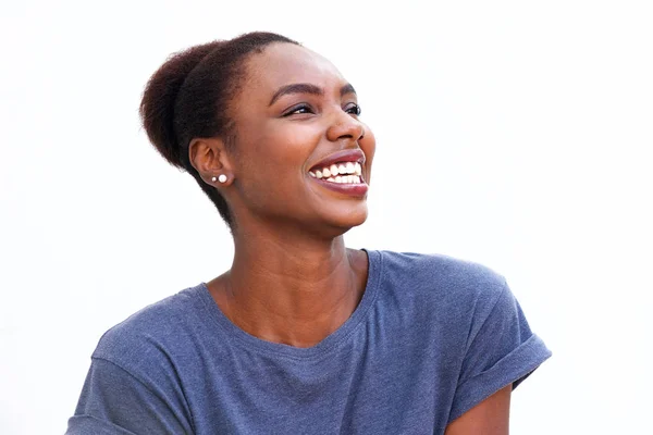 Close Portrait Happy Young Black Woman Laughing Looking Away — Stock Photo, Image