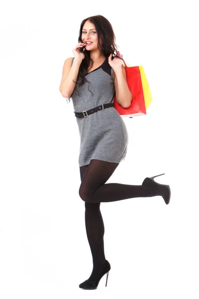 Full Length Portrait Happy Tall Woman Colorful Shopping Bags — Stock Photo, Image