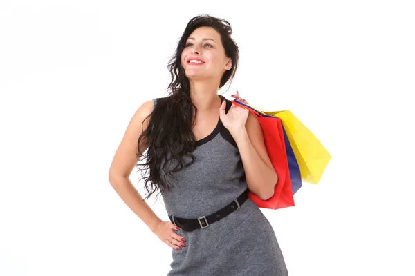 Portrait Happy Woman Colorful Shopping Bags Long Hair — Stock Photo, Image