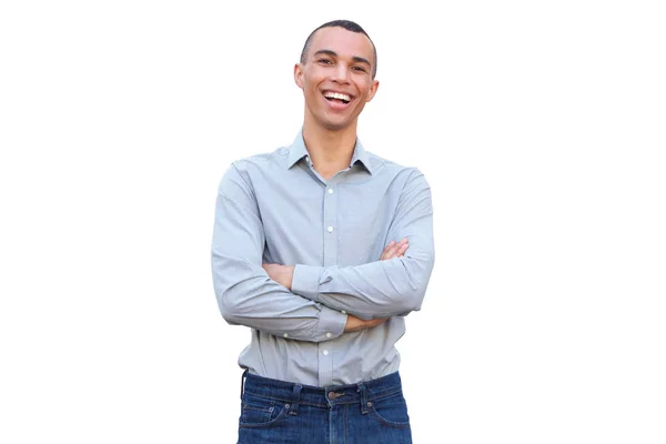 Portrait Handsome Young Man Smiling Arms Crossed Isolated White Background — Stock Photo, Image