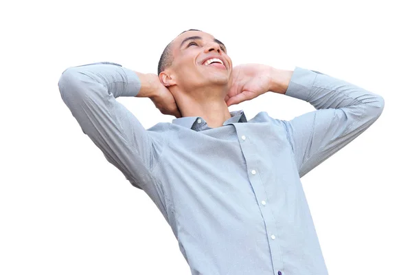 Portrait Handsome Young Man Smiling Hands Head Looking — Stock Photo, Image