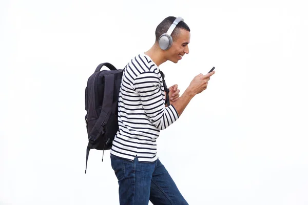 Perfil Retrato Jovem Caminhando Com Telefone Celular Ouvindo Música Com — Fotografia de Stock