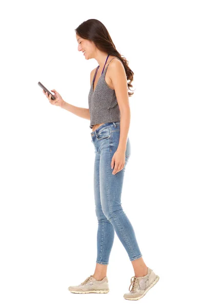 Full Body Side Portrait Young Asian Woman Looking Mobile Phone — Stock Photo, Image