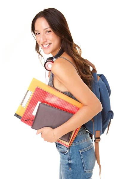 Ritratto Laterale Studentessa Sorridente Sfondo Bianco Isolato Con Libri Borsa — Foto Stock