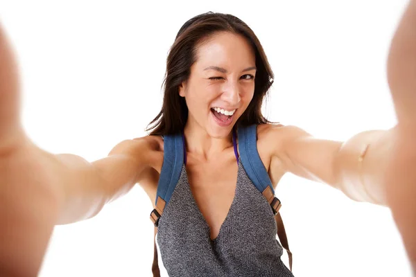 Close Van Portret Van Gelukkige Jonge Aziatische Vrouw Selfie Nemen — Stockfoto