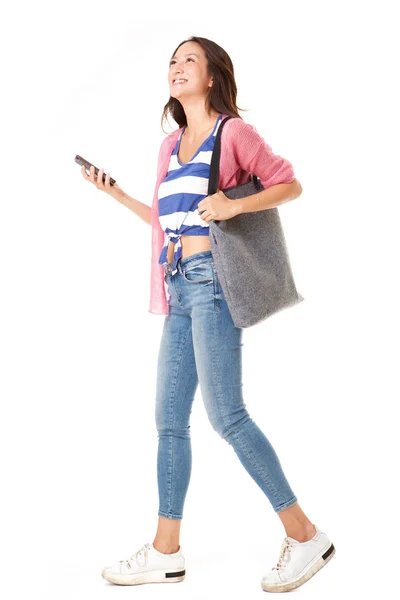 Full Body Side Portrait Fashionable Young Asian Woman Walking Handbag — Stock Photo, Image