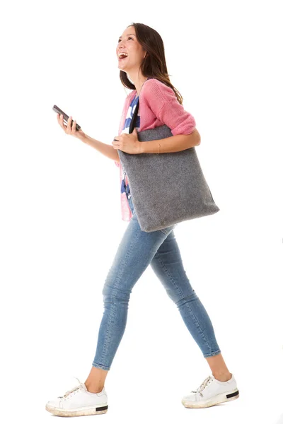 Full Body Side Portrait Fashionable Young Asian Woman Walking Purse — Stock Photo, Image