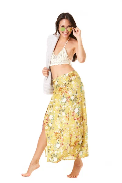 Full Body Portrait Beautiful Young Asian Woman Posing Summer Dress — Stock Photo, Image