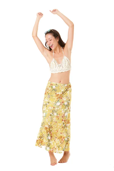 Full Body Portrait Carefree Young Asian Woman Dancing Summer Dress — Stock Photo, Image