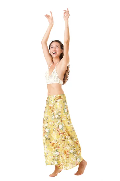 Full Body Portrait Happy Young Asian Woman Dancing Isolated White — Stock Photo, Image