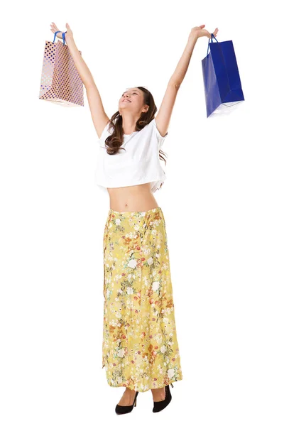 Full Body Portrait Cheerful Young Asian Woman Holding Shopping Bags — Stock Photo, Image