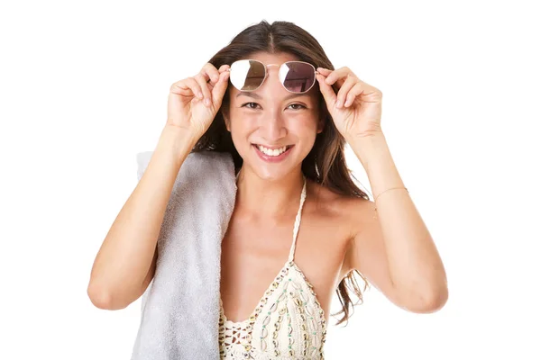 Close Horizontal Portrait Happy Young Asian Woman Sunglasses Isolated White — Stock Photo, Image