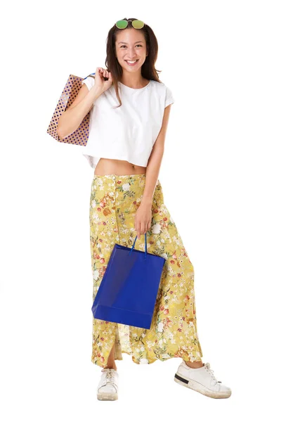 Full Length Portrait Stylish Young Asian Woman Posing Shopping Bags — Stock Photo, Image