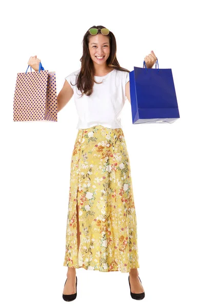 Full Length Portrait Fashionable Young Asian Woman Posing Shopping Bags — Stock Photo, Image