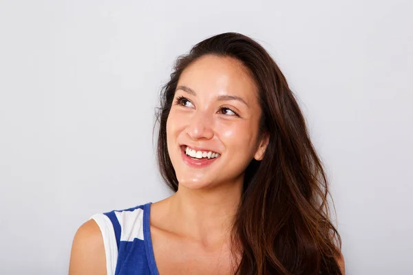 Cerca Cara Retrato Sonriente Joven Asiática Mujer Mirando Hacia Arriba — Foto de Stock