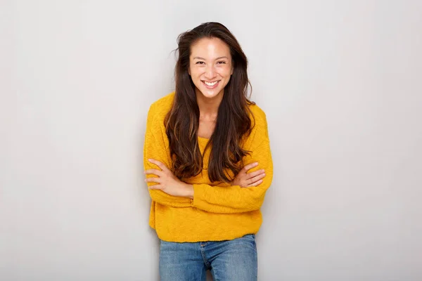 Portrait Cute Young Asian Woman Arms Crossed Gray Background — Stock Photo, Image