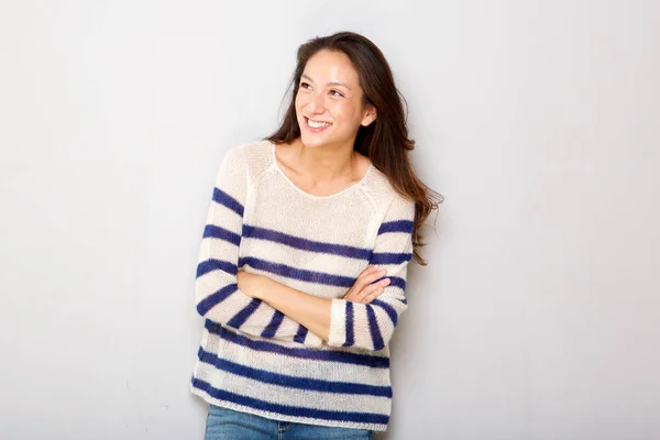 Horizontal Portrait Happy Asian Woman Smiling Arms Crossed Gray Background — Stock Photo, Image