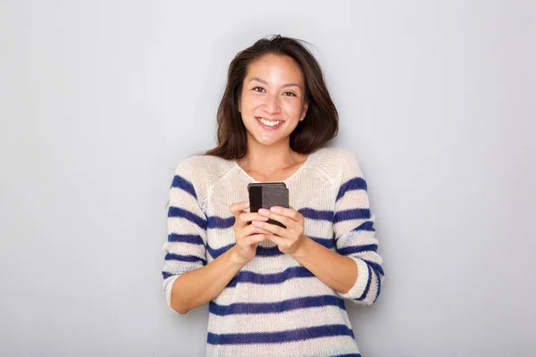 Portrait Beautiful Young Asian Woman Smiling Mobile Phone Gray Background — Stock Photo, Image