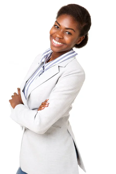 Retrato Lateral Joven Mujer Afroamericana Feliz Sonriendo Sobre Fondo Blanco —  Fotos de Stock