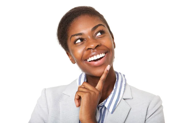 Cerca Retrato Sonriente Mujer Afroamericana Mirando Hacia Arriba — Foto de Stock