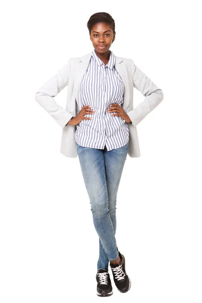 Atrakcyjna Młoda Kobieta Czarny Stojący Blazer Białym Tle Portret Całego — Zdjęcie stockowe