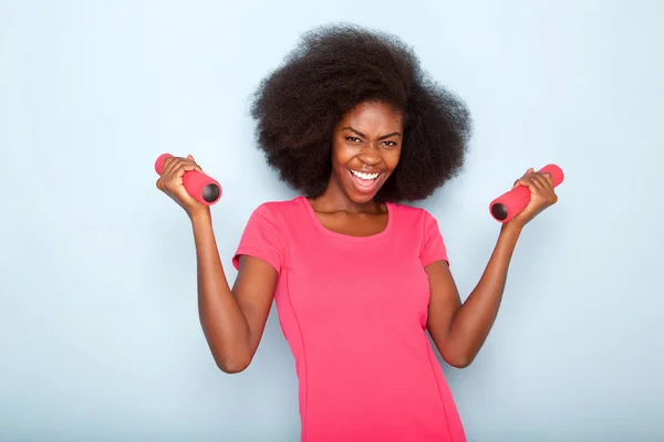 Portret Szczęśliwy Młody Czarny Kobiety Ćwiczenia Wagi Gospodarstwa Bliska — Zdjęcie stockowe