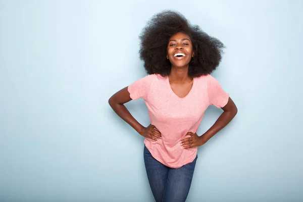 Portrait Confident Young Black Woman Smiling Wirth Hands Hips — Stock Photo, Image