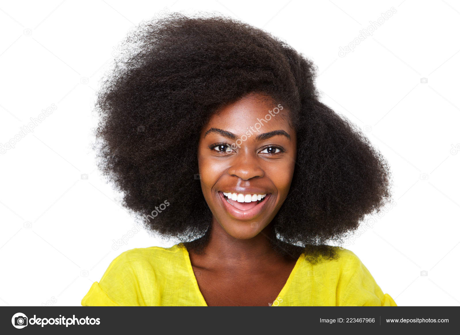 Close Portrait Happy Young African American Woman Afro Hair