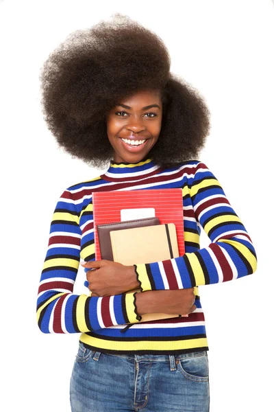 Retrato Jovem Afro Americana Sorridente Segurando Livros Escolares Contra Fundo — Fotografia de Stock