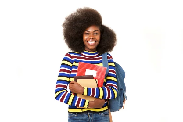 Портрет Улыбающейся Чернокожей Студентки Колледжа Книгами Сумкой Изолированном Белом Фоне — стоковое фото