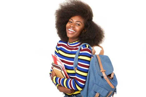 Retrato Estudante Sorridente Feliz Com Saco Livros Contra Fundo Branco — Fotografia de Stock