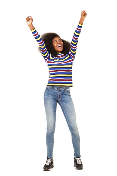 Ganzkörperporträt Einer Fröhlichen Jungen Schwarzen Frau Die Mit Erhobenen Armen — Stockfoto