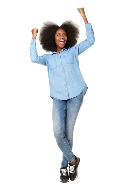 Retrato Larga Duración Joven Feliz Animando Con Las Manos Levantadas —  Fotos de Stock