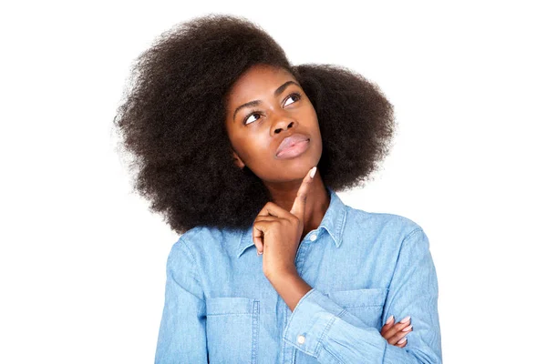 Close Horizontal Portrait Thinking Young Black Woman Afro Looking Copy — Stock Photo, Image