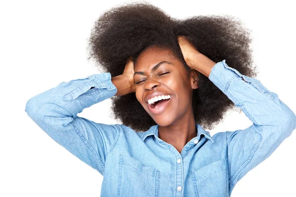 Portrét Veselá Mladá Černoška Rukama Afro Vlasy Izolované Bílé Pozadí — Stock fotografie