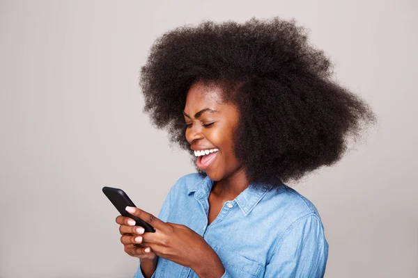 Close Side Portrait Happy Young Black Woman Laughing Text Message — Stock Photo, Image