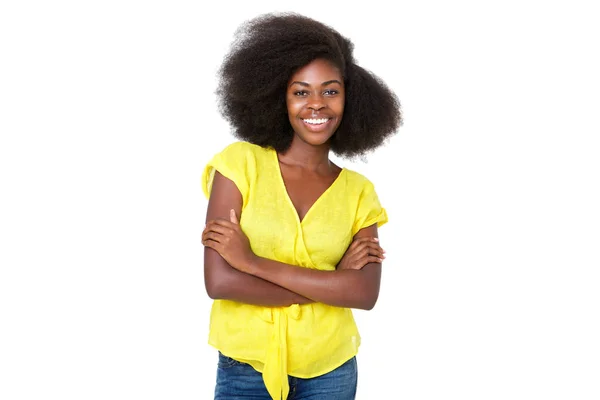 Retrato Sorrindo Jovem Mulher Negra Contra Fundo Branco Isolado — Fotografia de Stock