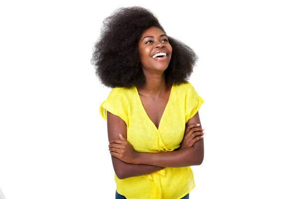 Portrait Happy Young Black Woman Laughing Arms Crossed Isolated White — Stock Photo, Image